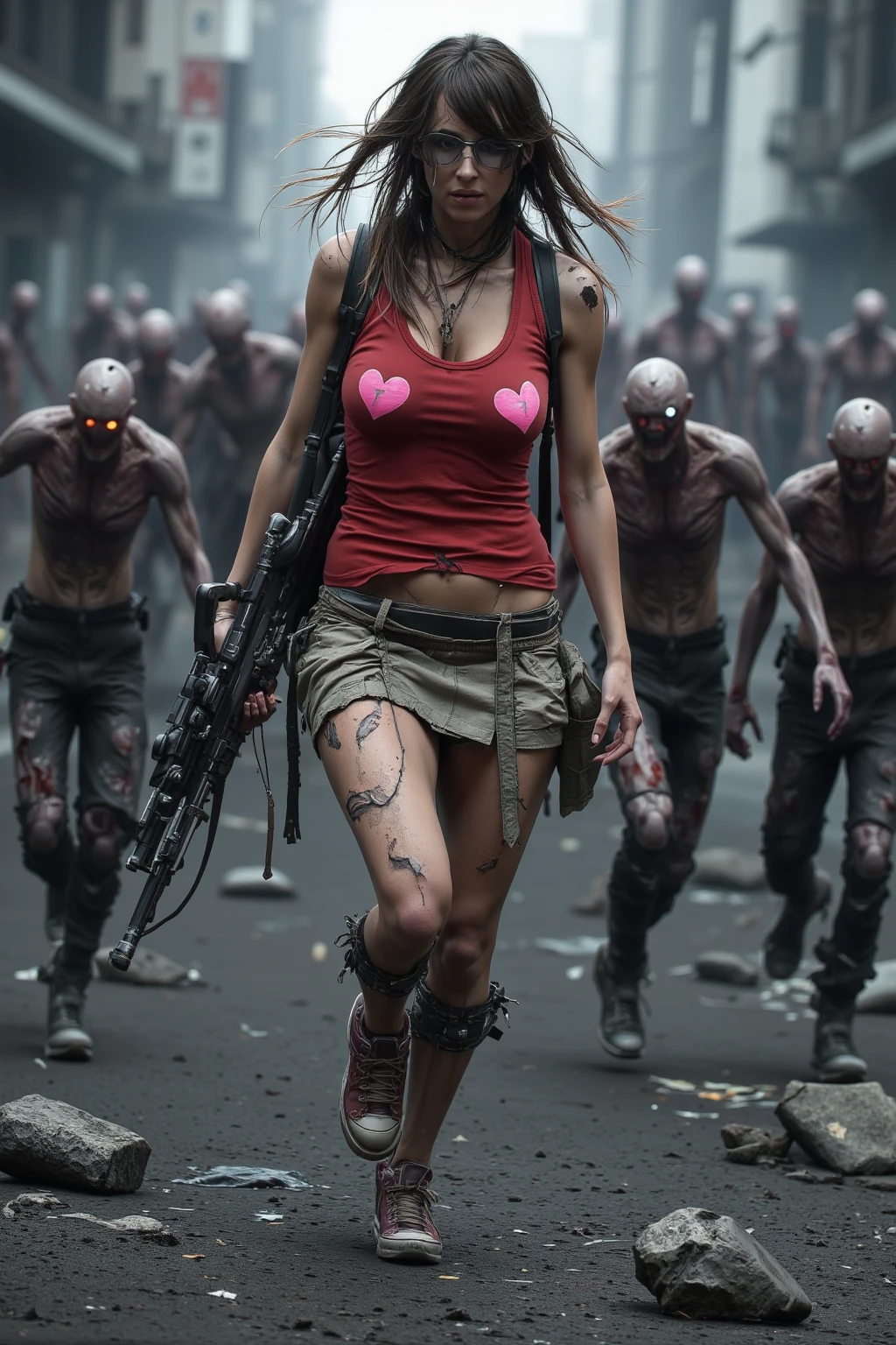 A skeletal figure with a t-shirt featuring a classic hip-hop logo, surrounded by woman with a red bandana and a red headband, tattoo on neck, style digital painting, in style of digital painting, in style of digital illustration, style in digital painting, art digital painting