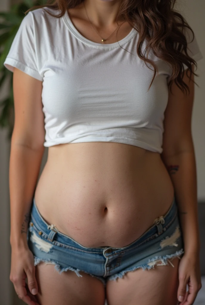 a close up of a person with a very large belly, photo from the front, full growth from the front, centered full body front-shot, photo taken from front, taken in the early 2020s, showing her shoulder from front, seen from the front, photo still of frontal view, half body cropping