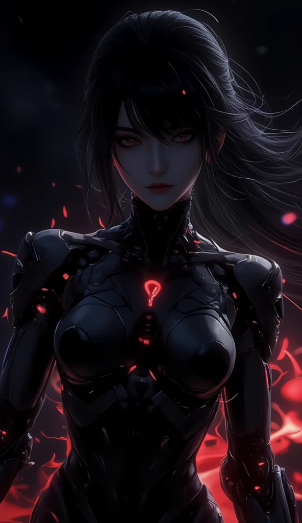 ((best quality)), ((Masterpiece)), (details:1.4), 3d, Image of a beautiful cyberpunk woman., HDR (high dynamic range), mature woman, Curtain Bangs, Black hair, Red eyes, future police, PBR surface, After processing, Anisotropic filtration,depth of field, Maximum clarity and clarity, multi-layered surface, perfect proportions, 8K raw files, cyberpunk, at night, ผมหลายชั้น,  กระโปรงสั้น, natural lighting, soft lighting, sunlight, หน้าอกใหญ่,