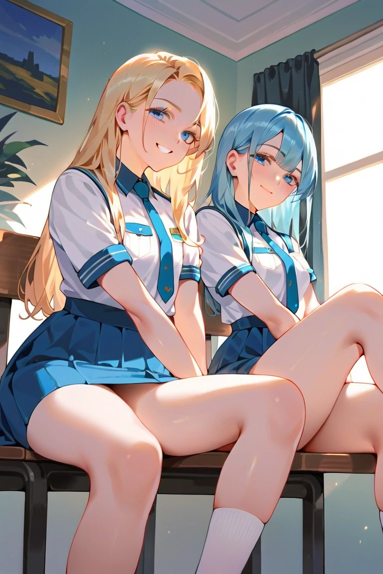 (multiple person), exceptional ,best quality ,(((two naked beautiful girls are talking side by side))), ((naked pussy)), ((angry face)), in school,shoulder bag, crying face, tear,long socks, uniform ribbon (((all girl's naked breast and pussy))), (naked nipple splash milk), embarrasing face thin legs , embarrassing ,(((sit and open her legs on school corridor))), (surrounded by many public view) ,cute eyes,2_girls,urine_stain,women