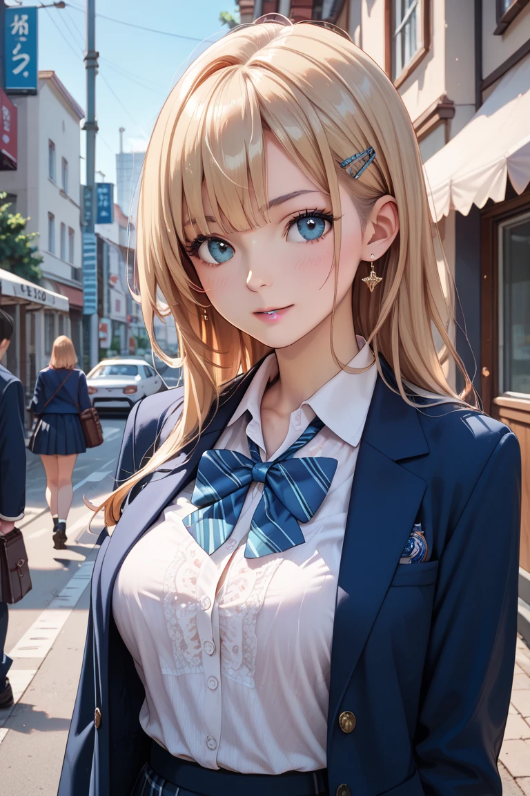 ((Tabletop, highest quality, High resolution, Perfect Pixel, Depth of written boundary, 4K))), One Girl, single, alone, Beautiful Anime Girls, Beautiful art style, Anime characters, ((Long Hair, bangs, Dark brown hair, Curly Hair:0.8)), ((Green Eyes:1.4, Fine grain, Beautiful Eyes, Perfect Eyes,Curled eyelashes, Realistic eyes)), ((Detailed face, Blushing:1.2)), ((Smooth texture:0.75, Realistic texture:0.5, Anime CG Style)), Huge breasts filled with a lot of fat, Dynamic Angle, Big Breasts, Perfect body, Dynamic pose, ((Red bow tie, , Black jacket, Open jacket, Brown cardigan, White shirt, Black Skirt, Checked skirt)), smile, Open your mouth, Put your arms behind your back, Leaning forward, Amalment Park
