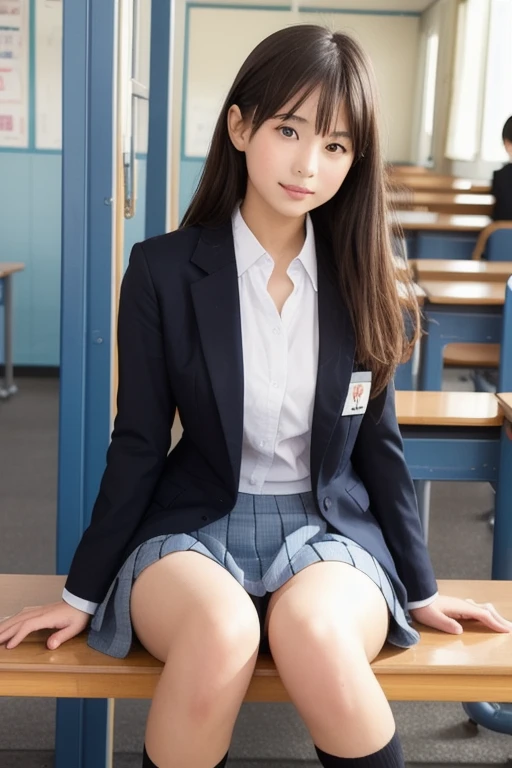 High School Students，Double tail，White，JK school uniform，Sitting on the table with legs spread