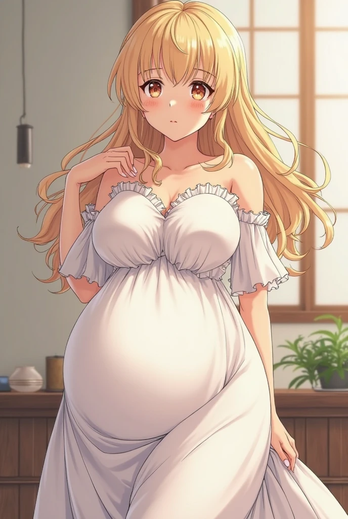 pregnant tall beautiful mom with long blonde hair, blue eyes, in white bikini, happy