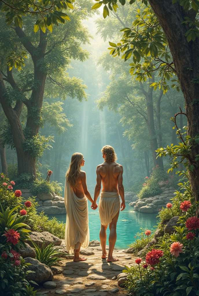 (Adam and Eve in the Garden of Eden as written in the Bible), high quality painting, soft lighting, warm and vibrant colors, beautiful scenery, crystal clear water, lush flora, white clouds sliding across the sky, bright midday sun.