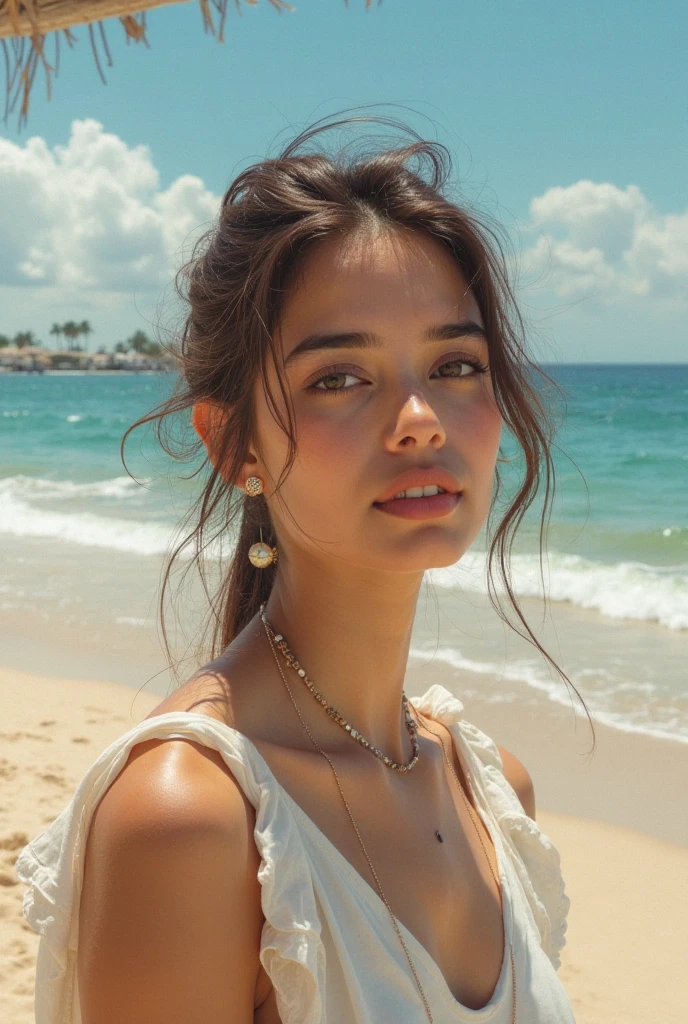 Highest picture quality, 8K, Nahaufnahme einer Frau in einem gelben Kleid am Strand, very beautiful young woman, Beautiful mexican woman, beautiful model girl, beautiful girl model, beautiful female model, Beautiful yellow woman, attraktive Frau, Violet Myers, breathtaking beauty, attractive girl, Attractive and beautiful, Beautiful Latina face, a beautiful young woman, portrait sophie mudd, gorgeous young model