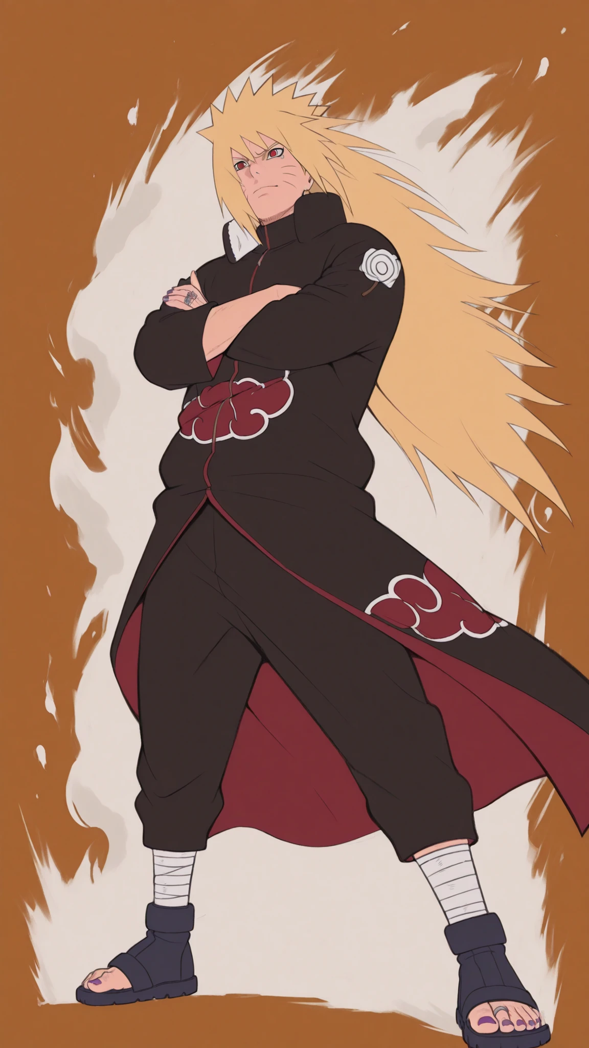flat color, WaifuDiffusionStyle, neutral background, white splash stylized outline background——-arms crossed, stance, 1boy, uzumaki_naruto, blonde_hair, very long hair, spiky hair, bangs, red eyes, mature_male, muscular, muscular_male, AkatsukiOro, official alternate costume, akatsuki uniform, nail polish, black pants, white leg wrap, black toeless footwear, ring, purple nails, wind effect