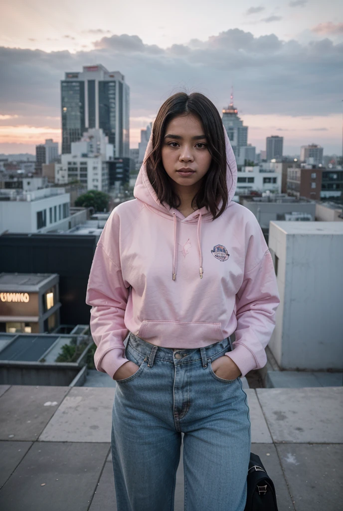 A young chubby Indian girl with short black hair with pink hair stripes and fair complexion wearing a extremely oversized tshirt and sneakers with a basketball in hand
