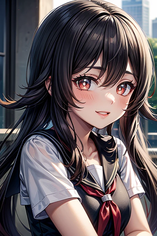 ((masterpiece, best quality, highres, UHD, perfect pixel, depth of field, 4k, RTX, HDR))), 1girl, single, solo, beautiful anime girl, beautiful artstyle, anime character, ((long hair, bangs, brown hair, curly hair:0.8)), ((green eyes:1.4, rounded eyes, beautiful eyelashes, realistic eyes)), ((detailed face, blushing:1.2)), ((smooth texture:0.75, realistic texture:0.65, photorealistic:1.1, anime CG style)), medium breasts, dynamic angle, perfect body, ((portrait, pov)), ((red bowtie, , black jacket, , brown cardigan, white shirt, black skirt, plaid skirt)), smile, amusement park