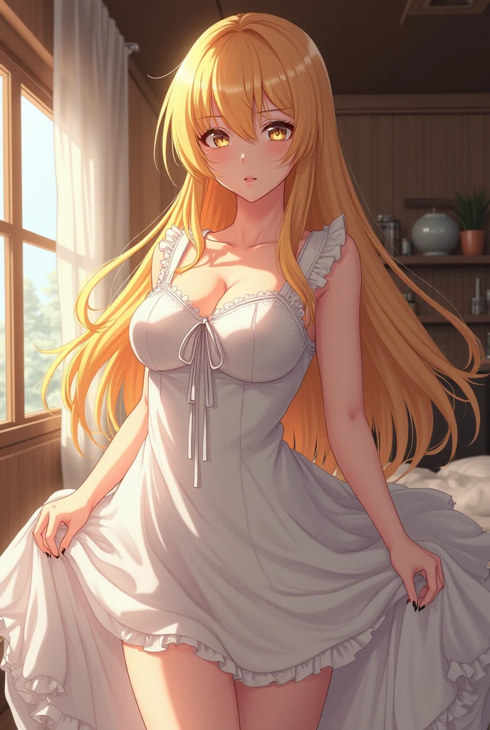 ((Highest quality)), ((masterpiece)), (detailed), (Perfect Face)、The woman is the Greek goddess Tyael, wearing a white Doric chiton, with medium blonde hair and green eyes.