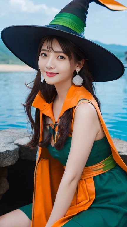 Dark Magician Girl, masterpiece, Highest quality, (One girl), alone, (water), Long Hair, bionde, Blue hat, Magician's Hat, Casting a Spell, city, city:2, Motion Blur, Book, magic, (moonlight:1.2), chromatic aberration, Depth of written boundary, Soft lighting, Highly detailed face, Highly detailed eyes, Smiling 20s,
