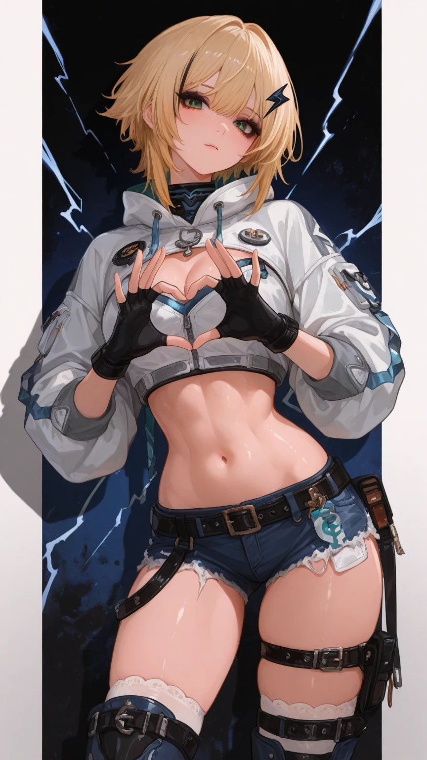 (masterpiece, best quality), 1girl, <lora:Marblehead:0.8> Marblehead, 1girl, solo, blue eyes, blonde hair, dark-skinned female, large breasts, hair ornament, black thighhighs, long sleeves, cleavage, ahoge, sidelocks, open clothes, short shorts, hairclip, leotard, streaked hair, white coat, covered navel, thigh strap, black shorts, short hair with long locks, gyaru, breast tattoo