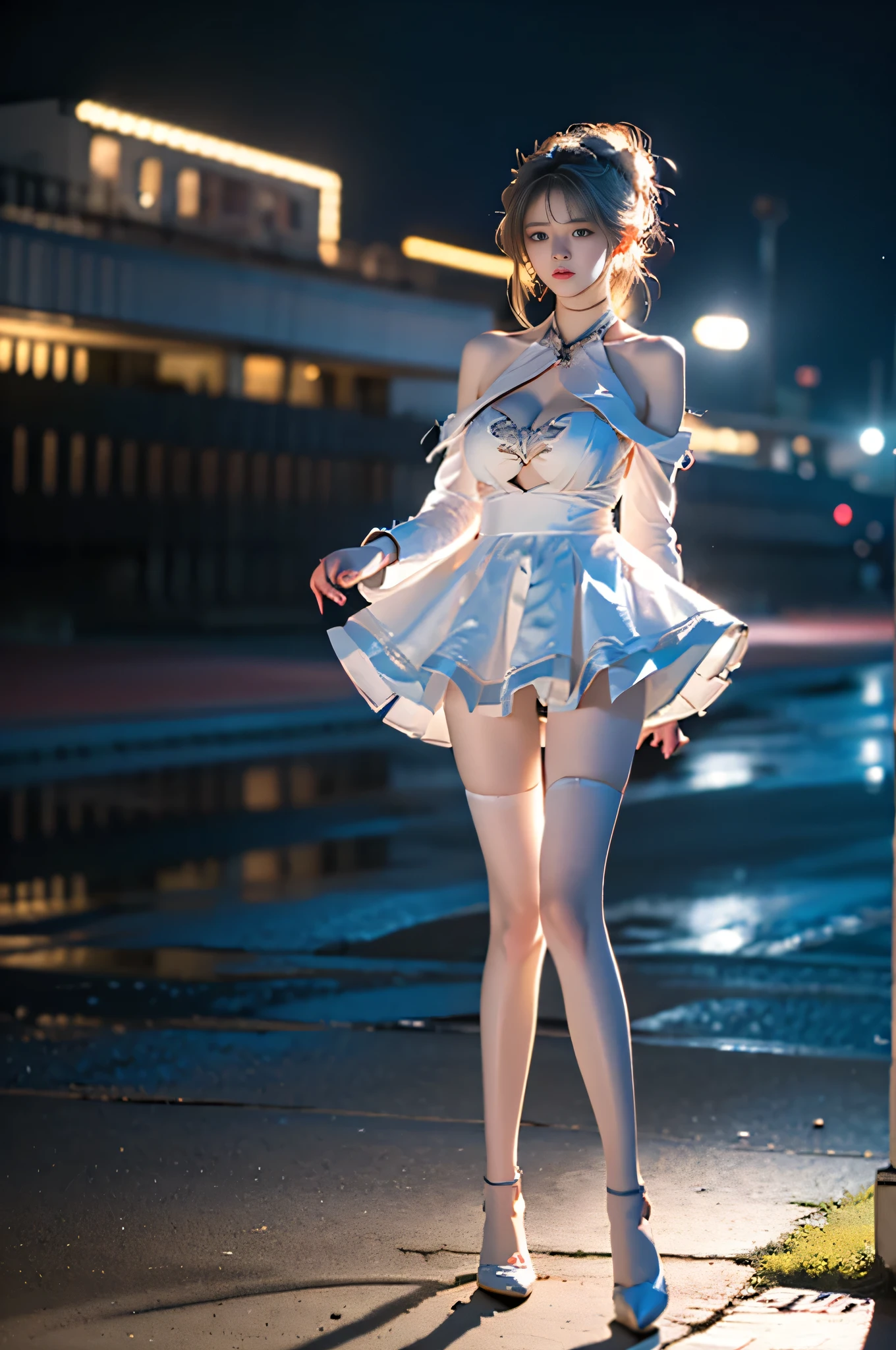 ,,((full body, from below)), (masterpiece, best quality, ultra-detailed, 8k), realistic, a beautiful sexy long-legged model ((Random scene)), ((Random posture)), (I-type Valley), (Full breasts, visible cleavage, very short skirt hem, exposed shoulders), (Tyndall Effect), (At night,:1.3 moonlight:1.3), seductive pose, perfect and symmetrical leg anatomy, soft natural lighting, (wind blowing gently:1.1), (ambient lighting:1.2), bokeh, cinematic shot, dynamic angle, professional photography, shallow depth of field, sharp focus, vibrant colors, (slightly tanned skin:1.1), (natural makeup:1.1), (delicate features:1.1)