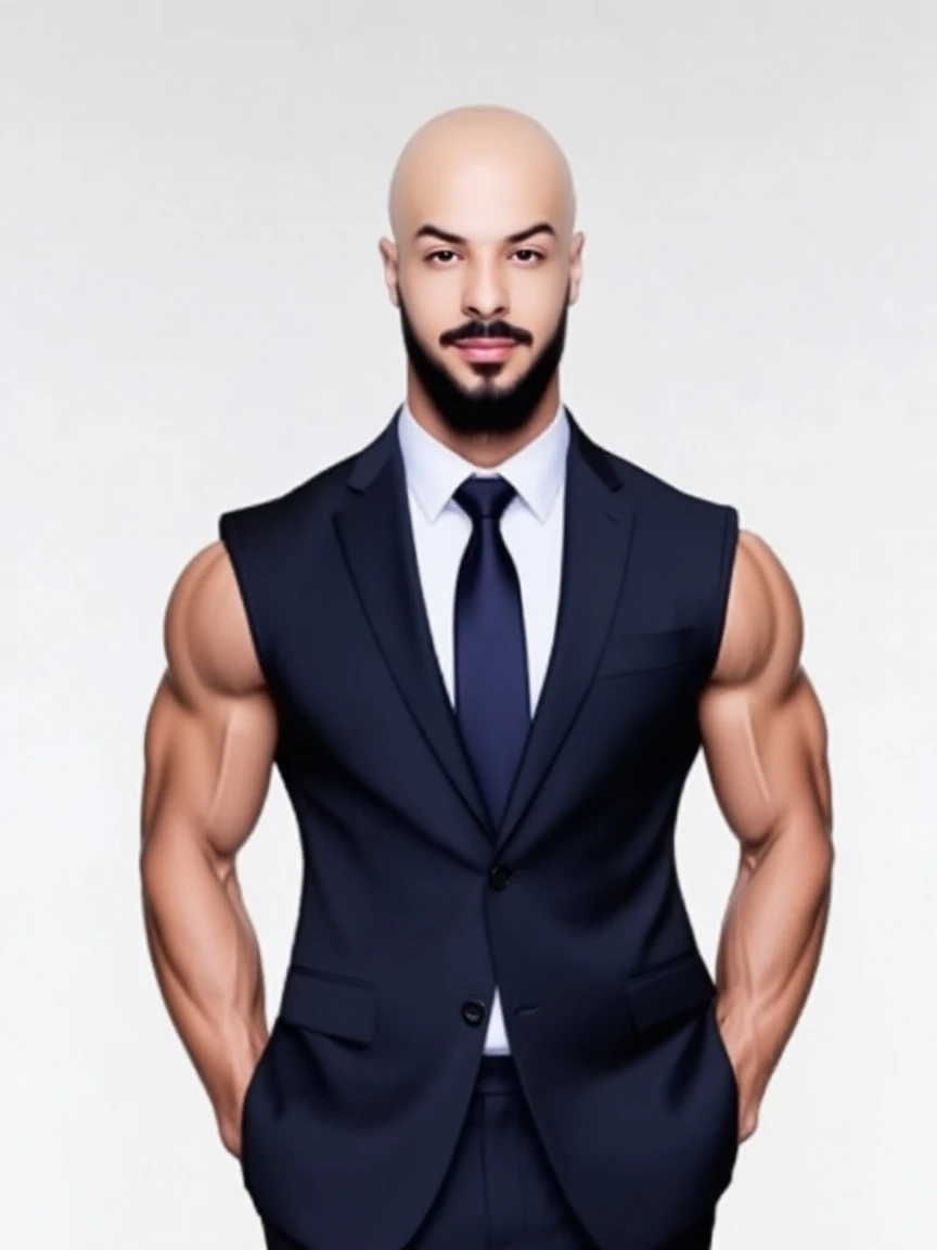 1boy, European, solo, facial hair,34 yrs old, dom, male focus, bald head, bara, muscular, mature male, muscular male, beard, short hair, thick eyebrows, fair-skinned male, thighs, fancy suit, dark skin, tie, tight white shirt, open jacket, grey business suit, cop agent uniform, feet out of frame, thick thighs, looking at viewer, masterpiece, 4k, high quality, highres, absurdres,