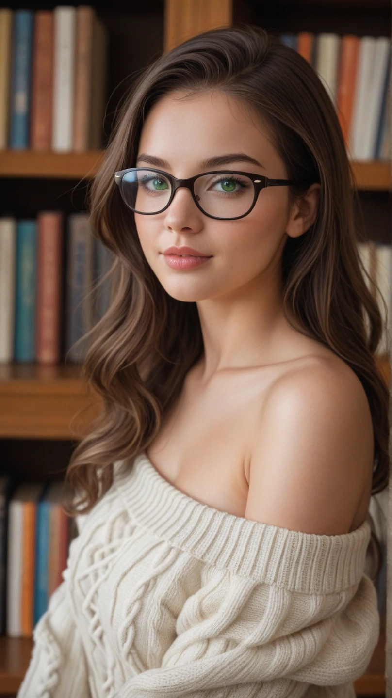headshot of S403_AnnaGerasimova,a gorgeous woman,in a (library:1.1),wearing a (knitted-shirt:1.1),(ponytail),(glasses),(4k, RAW photo, best quality, 50mm, depth of field, ultra high res:1.1),(intricate, photorealistic, cinematic-shot, masterpiece, ultra-detailed:1.1),