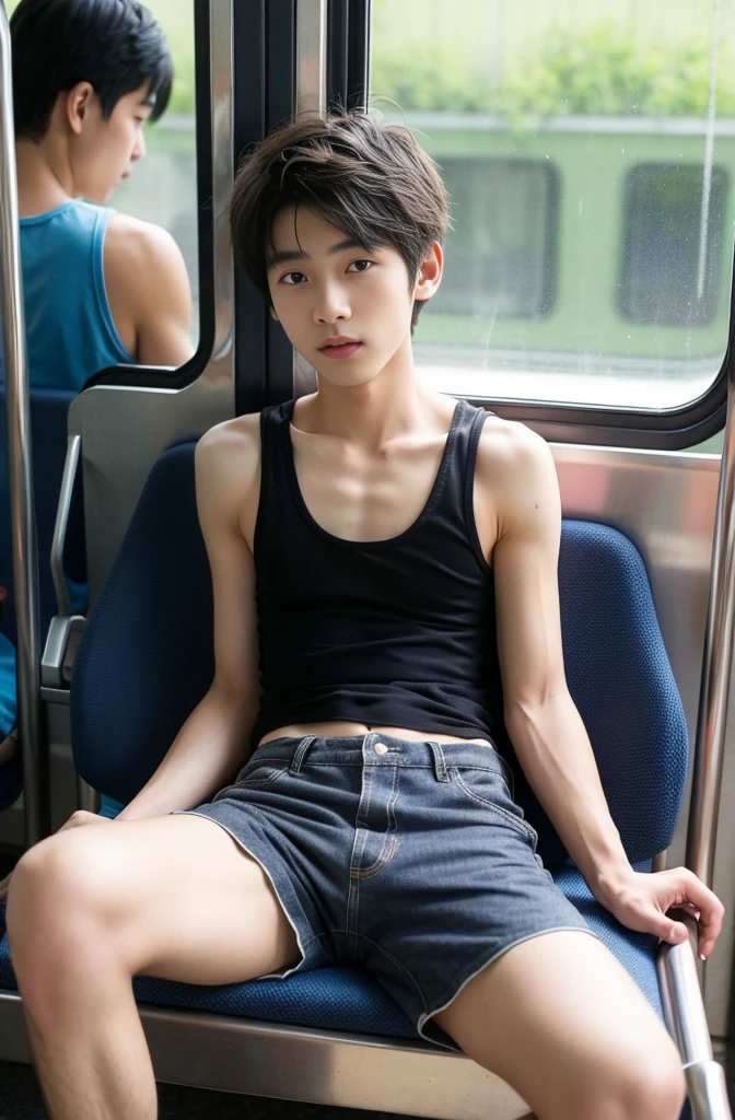 A young Korean boy ,The body is thin with no muscles,nude body wearing light brown underwear in the middle of a Seoul city, with people watching in surprise.