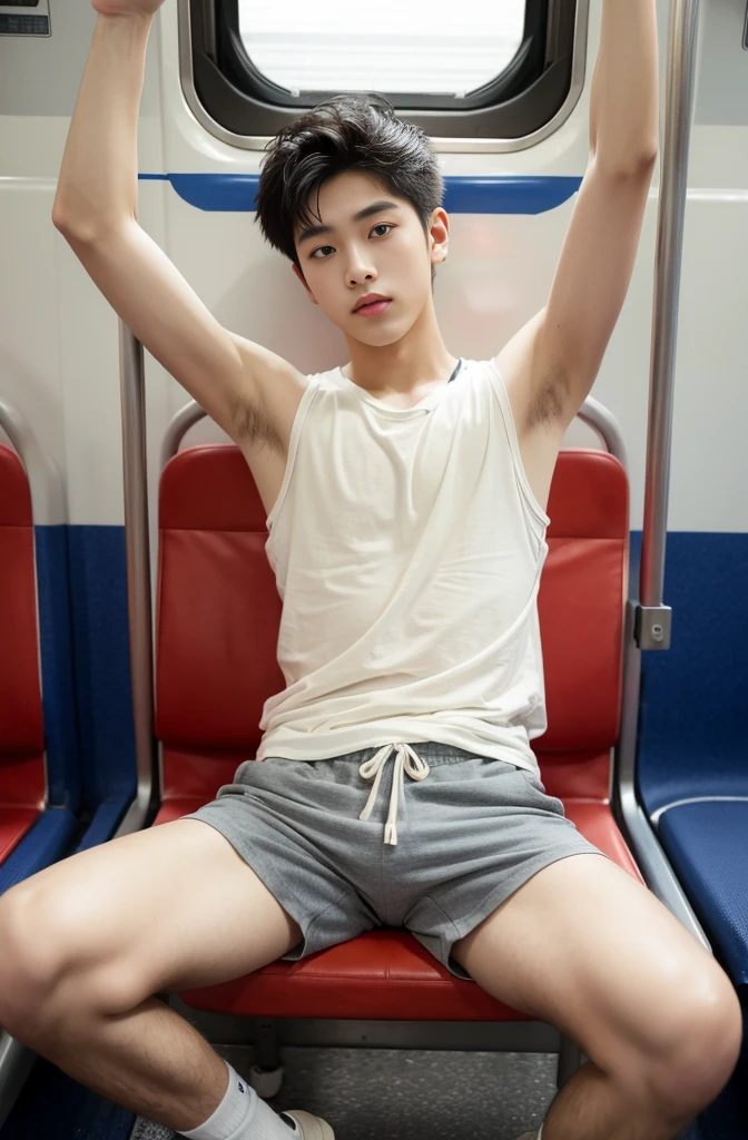 （2 handsome Chinese guys：1.5）soccer player，musculature，of a shirtless，Abs，Sit on the football field，Realistic photos，White stockings，Brush cut，Textured skin，looks into camera，25-year-old boy，Studio，danshi koukousei，Muscle role，Perfect shadow body，Gigachad muscle，The trend is at CGSTATION，Hero male pose，