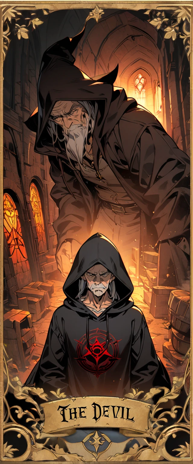waist up, very old, half of the face deformed and melted, apavorante, grimy, beggar, monstr, short gray hair, pale, wrinkled skin, scruffy beard, yellow pupils, bendover posture, penetrating and evil gaze, torn garments, cloak with raven feathers on the back, body covered with bands and hood, FOG, Dark gas station, horor, fearow, apavorante, suspense, mysterious hidden in the attic in black and white imposed thriller style