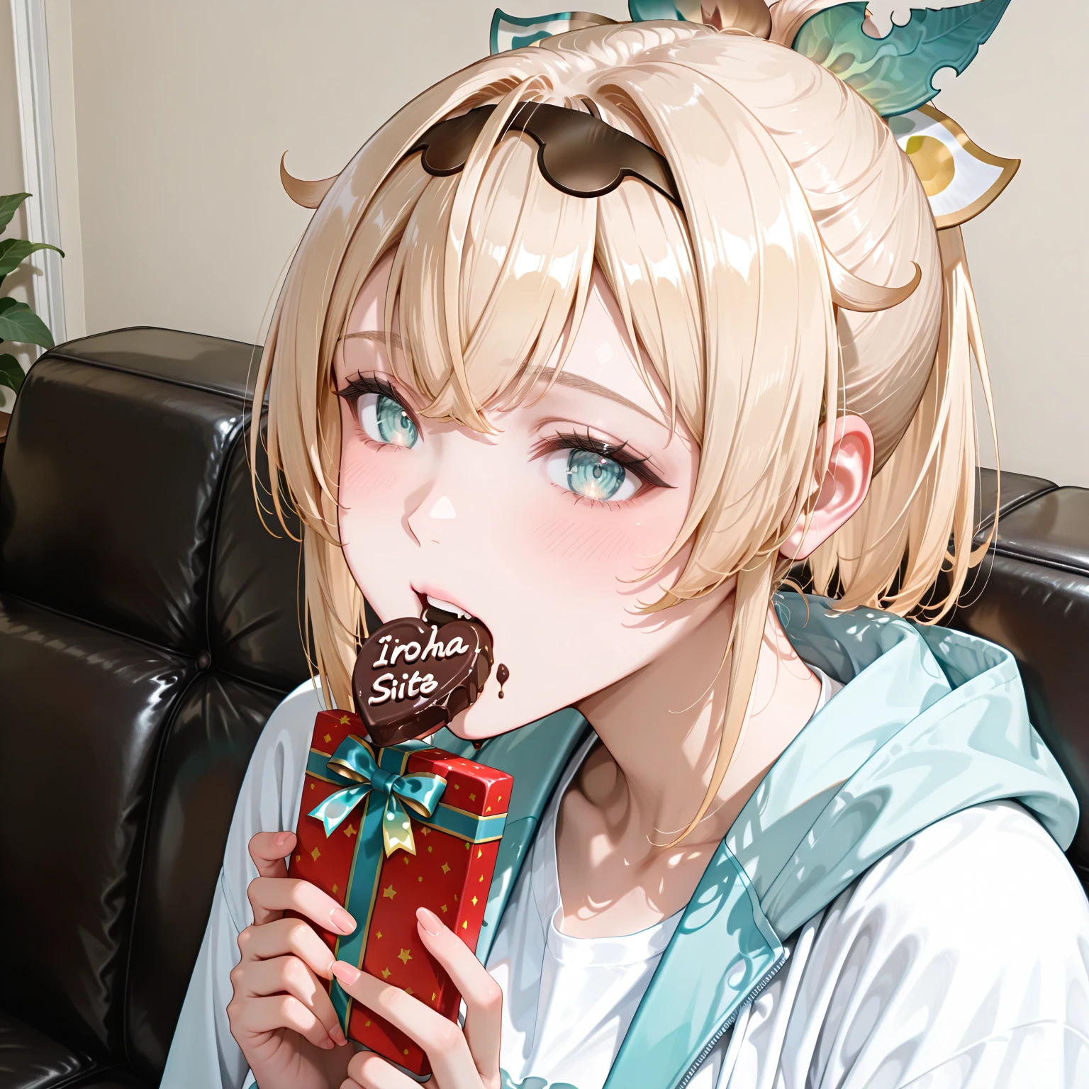 "Kazama Iroha" will give you chocolate as a gift.living room background,"Kazama Iroha" is eating chocolate.