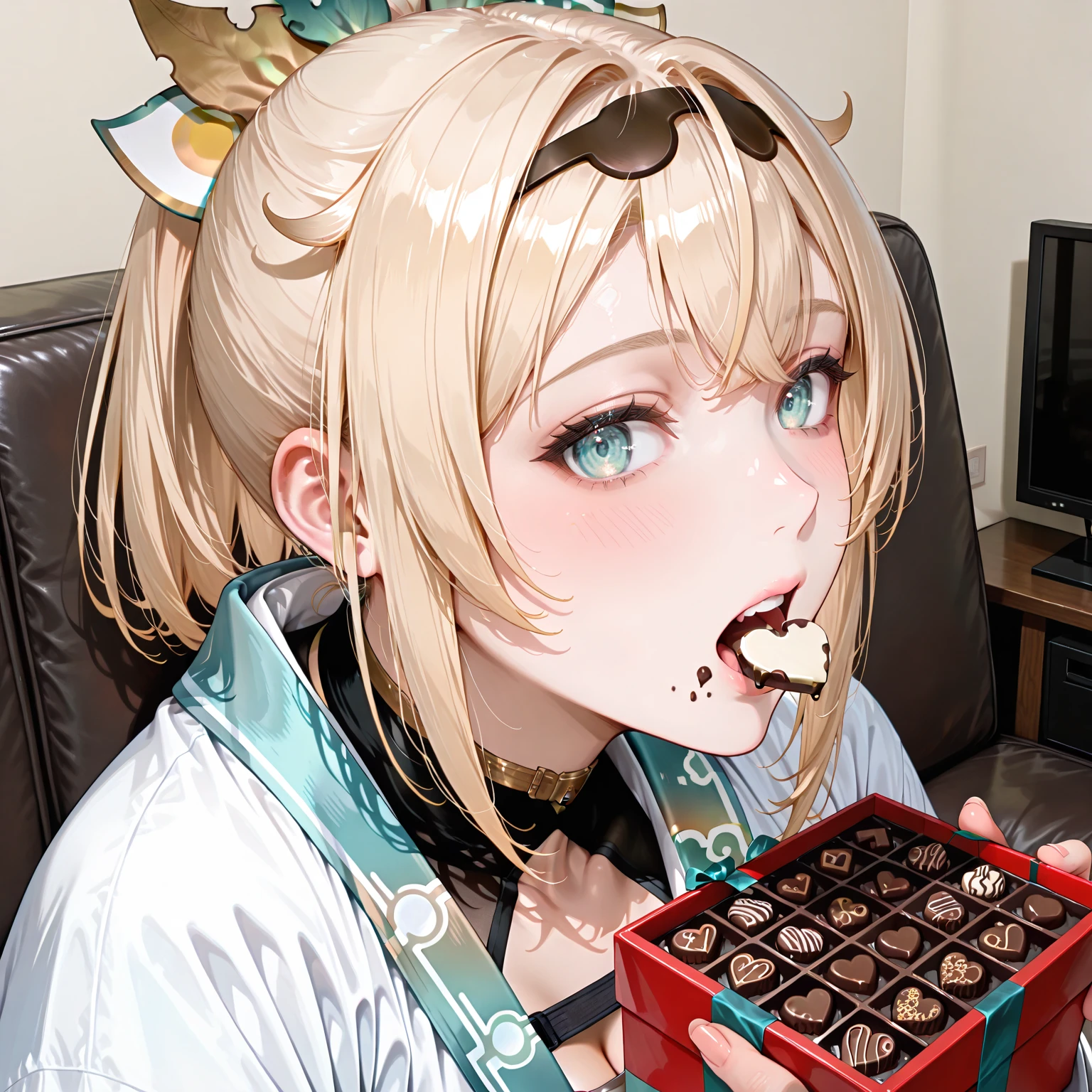 "Kazama Iroha" will give you chocolate as a gift.living room background,"Kazama Iroha" is eating chocolate.