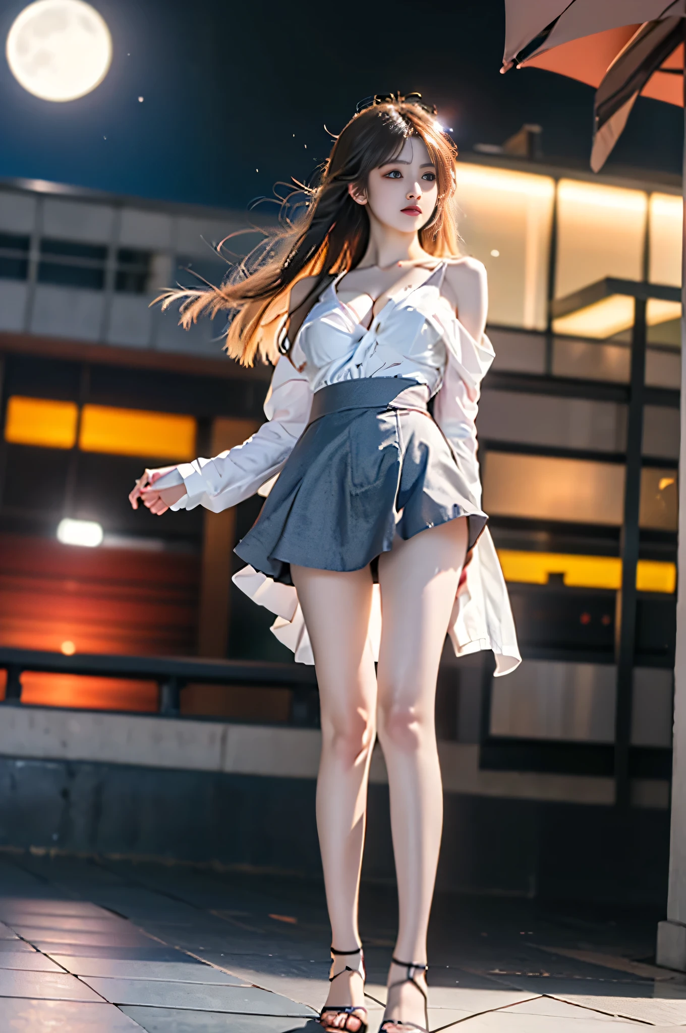 ,,((full body, from below)), (masterpiece, best quality, ultra-detailed, 8k), realistic, a beautiful sexy long-legged model ((Random scene)), ((Random posture)), (I-type Valley), (Full breasts, visible cleavage, very short skirt hem, exposed shoulders), (Tyndall Effect), (At night,:1.3 moonlight:1.3), seductive pose, perfect and symmetrical leg anatomy, soft natural lighting, (wind blowing gently:1.1), (ambient lighting:1.2), bokeh, cinematic shot, dynamic angle, professional photography, shallow depth of field, sharp focus, vibrant colors, (slightly tanned skin:1.1), (natural makeup:1.1), (delicate features:1.1)
