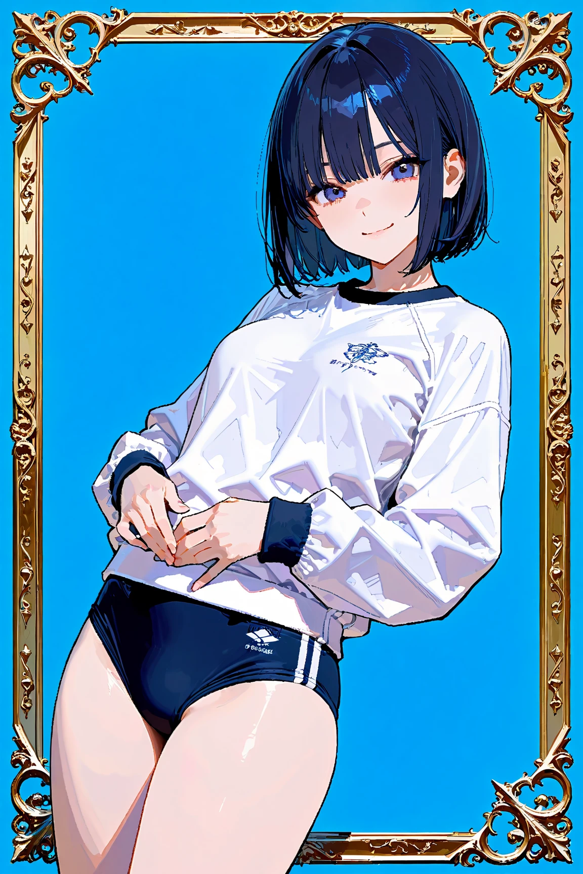 A girl wearing glasses, short black hair, a basketball uniform with a crop top and shorts, looking shy, sitting with her back arched, showing her thighs, sitting on a bed, sitting with her legs spread apart.