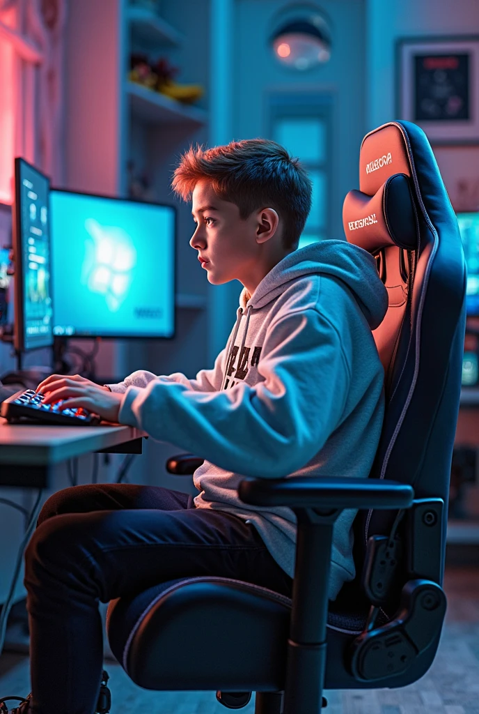 A boy sitting on a gaming studio front of mice