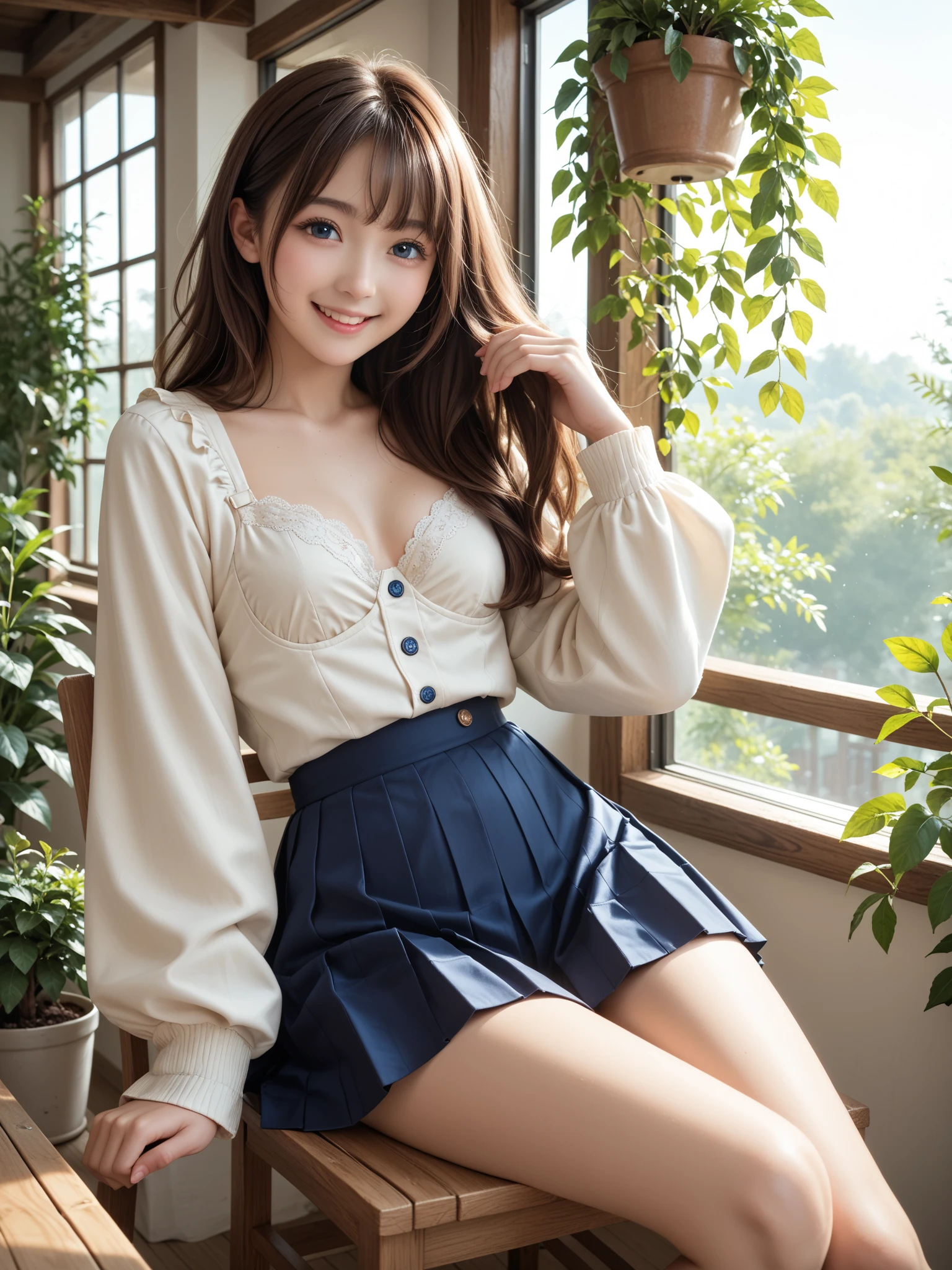 (best quality, 8k, highres, photorealistic:2.0), (solo, one girl:2.0),(lighting: strong),(lighting: front),(very muscular girl:2.0),(bodybuilder girl:1.5),(shiny skin:1.5),(brown hair color:1.5),(Bend your legs and open your thighs:1.8),(black loafers:1.5),(light blue blouse:1.6),(collar blouse:1.2),(long sleeve light blue blouse:1.3),((tight blouse:1.7)),(Emphasize cleavage:1.2),(short socks),(white socks:1.1),((blue pleated skirt)),((blue skirt)),((open blouse button)),((Wearing lace panties)),((Girl leaning on an old leather sofa)), very beautiful Japanese girl, Blush brown makeup , dark eye makeup,(Hold loosely clenched fist in front of face:1.7),(girl with open mouth:1.4),(Instructing viewers to perform a self hand job:1.3),(Gesture to give you a hand job:1.3),(very smiling girl),(Instructing viewers to masturbate themselves:1.3),(licking gesture:1.3)