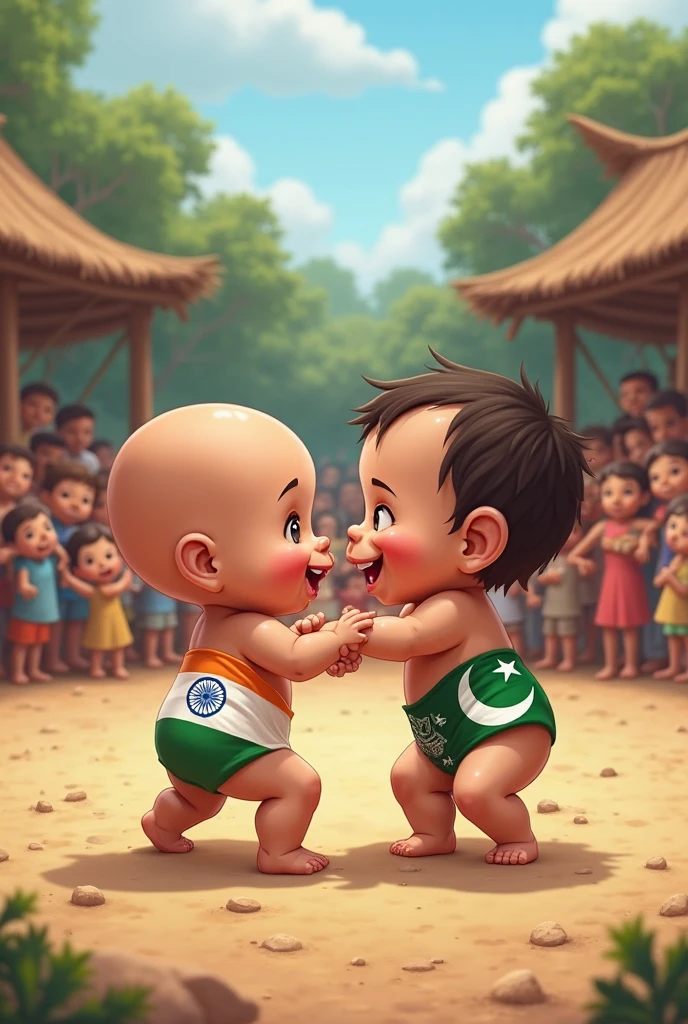 Bangladeshi young boy Wearing bangladeshi flag. With 2 pigs, one pig is wearing india flag and other pig is wearing pakistani flag. Both flag must visible clearly
