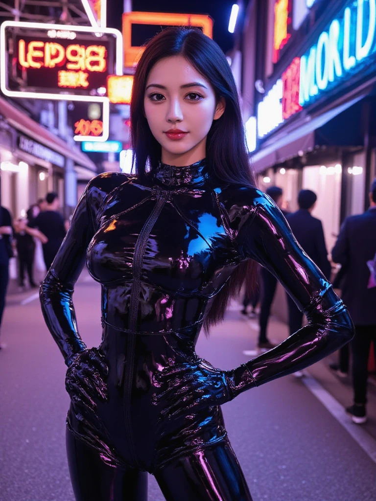 nsfw、female idol、lipgloss、smiling face、full body photo、(((sheer latex tight mini dress（neon indigo))))、((colorful hair))、conceptual art, High quality, Realistic, extremely detailed CG unified 8k wallpaper, highly detailed, High-definition raw color photos, professional photography, Realistic portrait, Cinematic Light, Beautiful detailed, Super Detail, high details, (((Bokeh))), depth of fields, illumination, Neon Street, Super stylish lighting