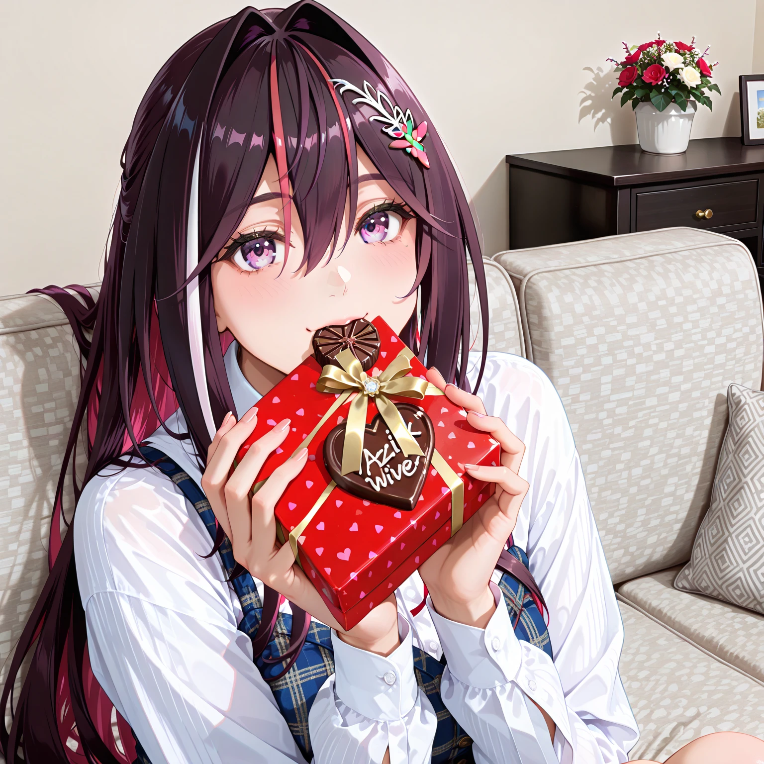 "AZKi" will give you chocolate as a gift.living room background,"AZKi" is eating chocolate.