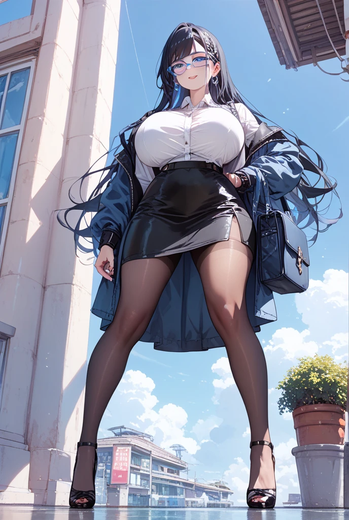 ((masterpiece)), ((Best Quality)), (ultra-detailed), ((extremely detailed)), 4K, (8K), best quality, top-quality, anime style, 1girl, solo, The most detailed skin, (thick lines:1.2), A-line mini dress with transparent frills, Deep V-neck design, Ankle boots, Knee-high socks, Leather choker, //, (large breasts), (Slender legs), breasts falling aside, Perfect eyes, Perfect iris, //, (sexual expression), smile, blush, //, Side up hair style, Deep blue hair color, (beautiful eyes), pink-skinned, //,  Park bench, children's playground equipment, families and couples walking by