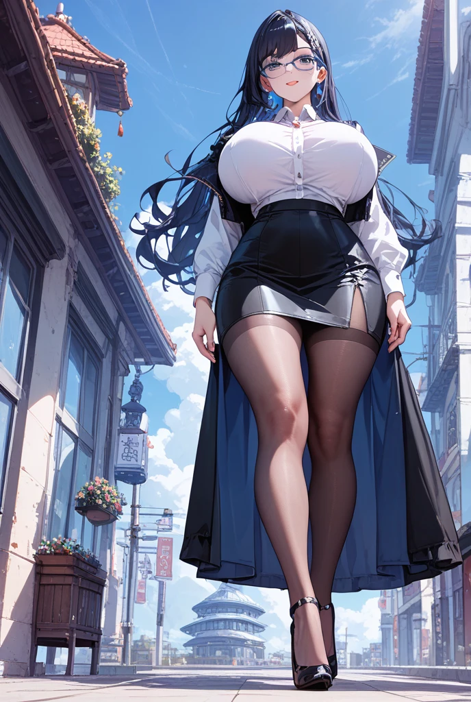 Woman, sexy body, curvy body, sexy lips, smile, big breasts, cleavage, (red eyes), long black hair, side twintails hair, long eyelashes, sparkly eyes, detailed eyes, big hips, sexy expression, anatomically correct, super detail, high quality, highres, 4K, vibrant colors, clear picture, (full body shot), turtleneck sweater dres, pleated skirt, garter belts, stockings, high heels boots, outdoor