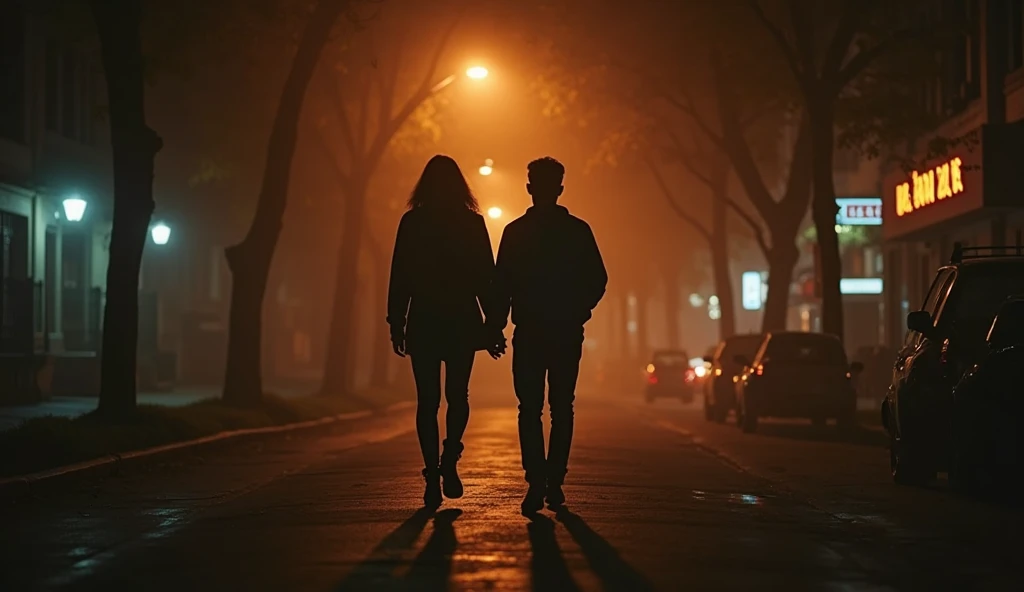 best quality,deux amoureux partent seuls sur un long chemin,Jusqu&#39;At present,fond de rue sombre,bright light, belle vue la nuit noire,with bright light,4k,