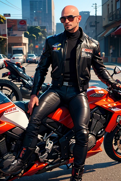 man, motociclista y model, tall and muscular body, with short black hair,  model, whole body.