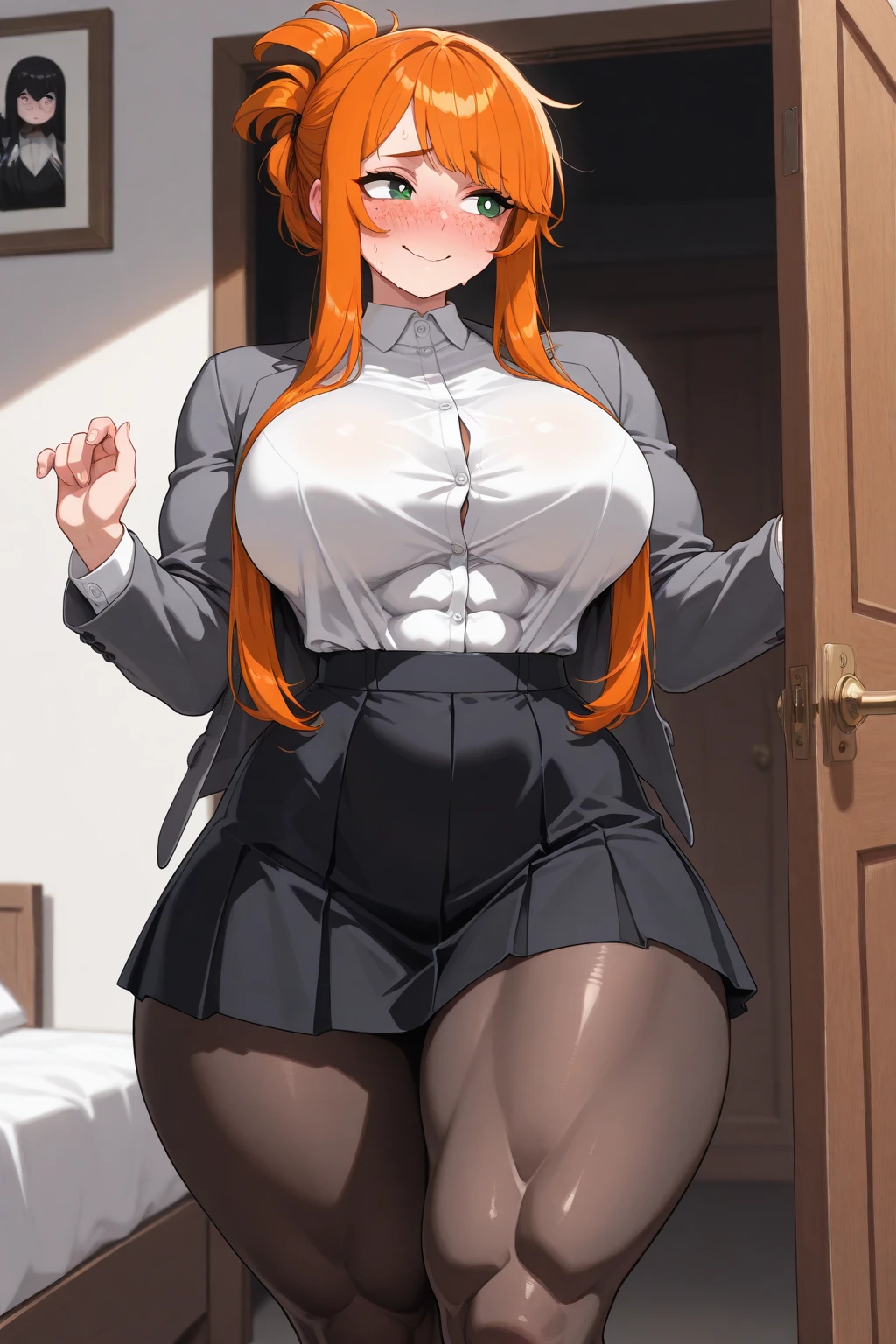 (masterpiece, Best quality), 8K, ultra detailed, realistic photo, Detailed face, perfect lighting, green eyes, bright orange hair, bright hair, fox ears, nice legs, side photo, beautiful, Cute, skin pores, 1 girl, perfect shirt, fully dressed, beautiful women 30 years old, Beautiful proportions, Russian woman, Caucasian, European, Business lady, stunningly beautiful woman, mother, thick legs, show ass, big breasts, (Thin white shirt:1.4), thick, hot, (White Office Wear:1.4), tight pants, (wide hips:1.2), thick, (white Office pants:1.3), spread your legs, Legs open, full length, wide hips, Glasses, with long orange hair, standing on the beach near the ocean, green eyes detailed digital anime art, cat ear, anime girl with long hair, гладкое аниме cg art, anime girl with long hair, digital anime art, work in Guweiz style, Beautiful anime portrait, Photorealistic render of an anime girl, pantyhose, Beautiful anime girl, advanced digital anime art, guweiz на artstation pixiv HD UHD HQ