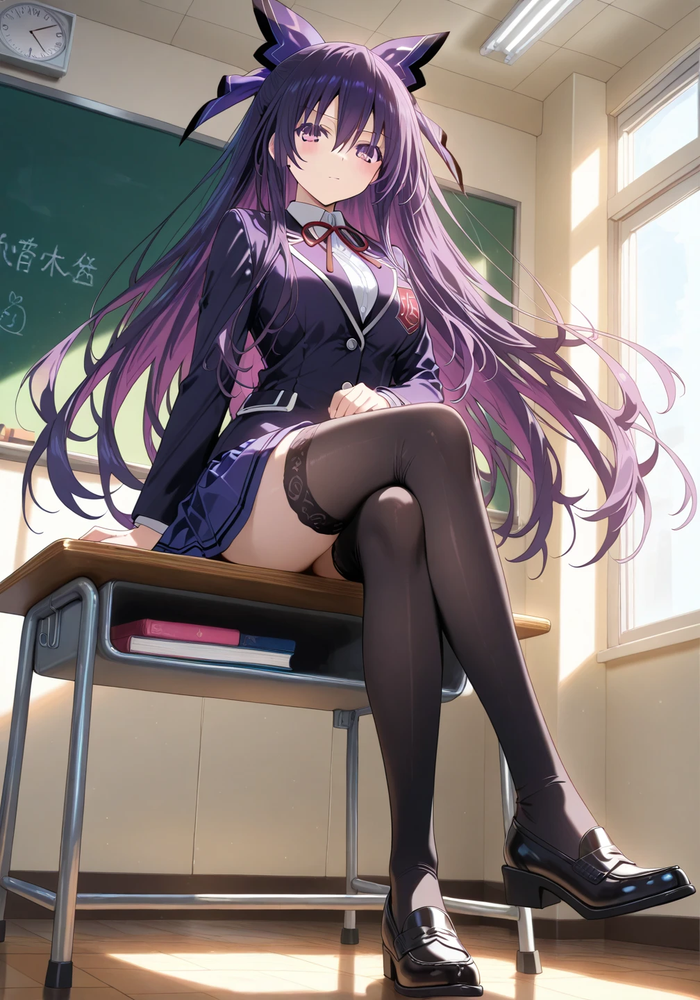 ((((((BREAK,Design an image with a fisheye lens effect, capturing a wide field of view with a distinctive, curved perspective.BREAK,)))))((beautiful eyeshadow,donkey ears,evil smile,succubus,1girl:1.1,solo,))(masterpiece,best quality, official art,aim to viewers, beautiful and aesthetic:1.3),((ultra high res,golden ratio,)),((from below,looking at camera,)),((((dappled sunlightintense shadows,strong rim light,golden hour lighting,))))national lighting,good lighting,ray tracing,dynamic lighting, cinematic lighting,(((((classroom,table and chair,)))))(fantasy,)((psychedelic)),((dreamy)),((holographic,))radiosity, physically-based rendering,automatic white balance), fashionable sense,futurism,Amazing,sharp focus,detailed background,rich background,astonishing background, (((high detailed skin,)))dynamic lighting,intricate detailed outfit,glowing eyes,watery eyes,((streaked hair,long hair,hair over shoulders)),smooth legs,((baggy clothes,detailed chinese hairpin,black stockings)),(masterpiece sidelighting),((sunglasses,))(hyper realistic,)(bishoujo,lustrous),(french braid,pointy hair,high ponytail,purple hair,sky blue eyes,）[[delicate fingers and hands:0.55]::0.85],(detail fingers),(((Ultra Photographic Quality,ultra wide angles)))),((incredibly absurdres,photoreality)),(realilty:0.6),((gery hoodie,latex gloves,))(((((feet up,legs up,legs on table,legs to camera,feet to camera,)))))((extremely_detailed_eyes_and_face)),(disheveled hair),FilmGirl,(dynamic configuration: 0.9),Brilliant,drifting Nebula,ethereal, glossy ,striking contrast,high saturation,The images are very realistic and、Very detailed and、Must be a high resolution 16k。Sony F and 24-105mm f / Use a Sony Alpha 4 mirrorless camera with 1G OSS lenses。