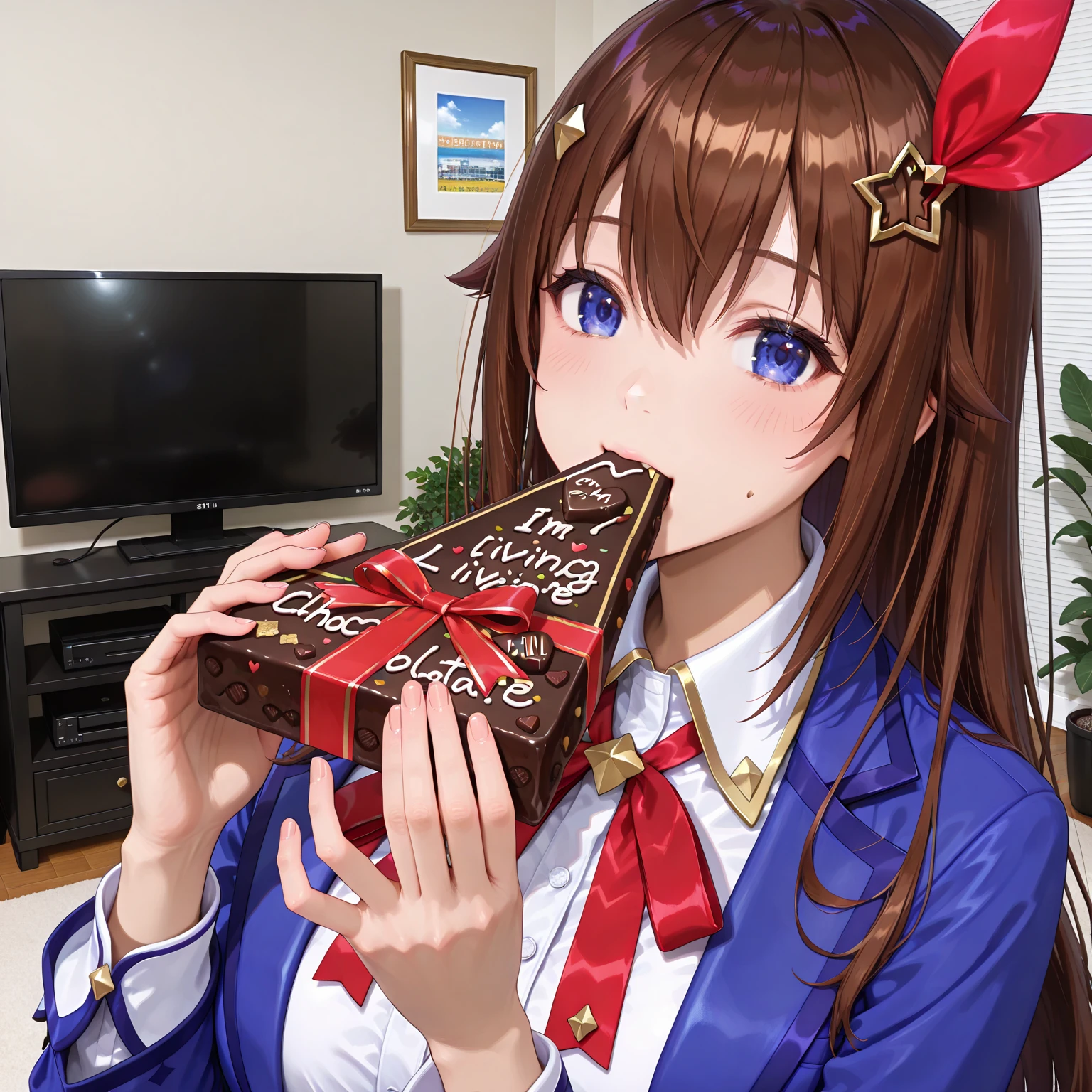 "Tokino Sora" I will give chocolate as a present.living room background,"Tokino Sora" I'm eating chocolate.