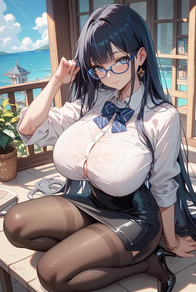 Japanese office lady mature 、black long hair、Black glasses、diamond earrings、Blue Eyes、cream　muffler、chest opened　Black long sleeve knit、with floral pattern　Ren Hao　Purple Bra、light blu　Mermaid Long Skirt、White High Heels、Colossal tits、gargantuan butt、Navel Ejection、is standing、a smile、hand bag、seaside park