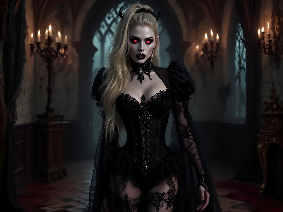 A striking and powerful image of a vampiric queen, exuding dark elegance and timeless beauty. She stands against a backdrop of a full moon, surrounded by flying bats that add to the eerie atmosphere. Her platinum blonde hair is wild and voluminous, contrasting sharply with her pale, flawless complexion. She is dressed in a luxurious, deep red velvet cloak lined with black fur, draped over a revealing black lace corset that accentuates her figure. Her makeup is bold, with piercing black eyeshadow and blood-red lips that hint at her dangerous allure. The setting is illuminated by the glowing moon, casting an ethereal light that highlights the details of her gothic attire and enhances the mysterious, supernatural ambiance.
(((vampire queen portrait))), medium shot, moonlit background, dramatic lighting BREAK ((best quality:1.6)), ((high details:1.5)), ((highres:1.5)), ((4K:1.5)), ((gothic elements:1.3)), ((dark elegance:1.3)) BREAK inspired by the styles of Greg Rutkowski | Alphonse Mucha | Tim Burton | Zdzisław Beksiński.