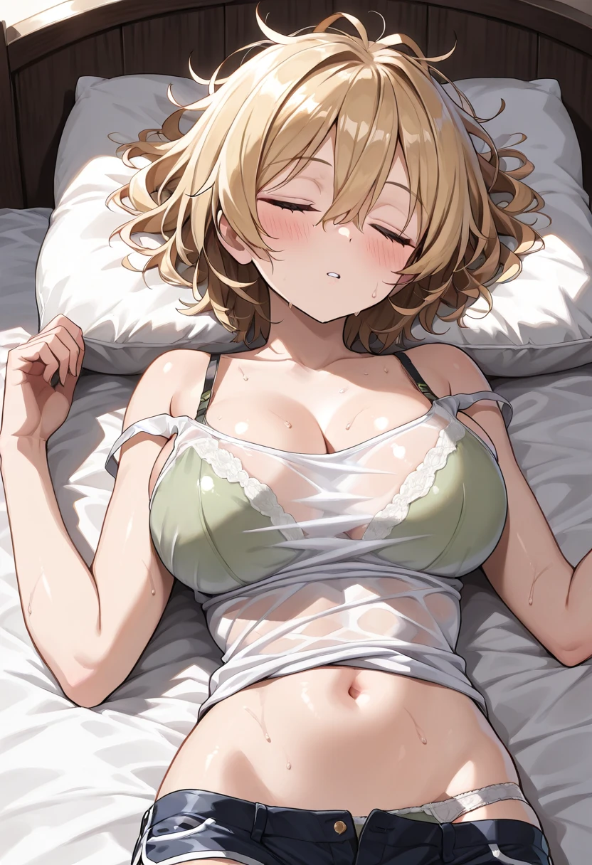 Makoto Shinkai Style、Your Name is Style、kawaii、(A masterpie、best qulaity、absurdress:1.3)、illutstration、Blonde and silver medium bob、Sexual References、breasts grab、Write、Upper bust、Medium bob、bath towels、see‐through、One navel、a bed、(Yawning face:1.2)、(Sleepy:1.2)、pillow、off shoulders、frontlighting、Brightness face、Facial light、Perfect lighting of the face、(Wet crotch: 1.6)、pov、from above view、Super close-up of the face、cum、cum in mouth、NSFW、cum in mouth、