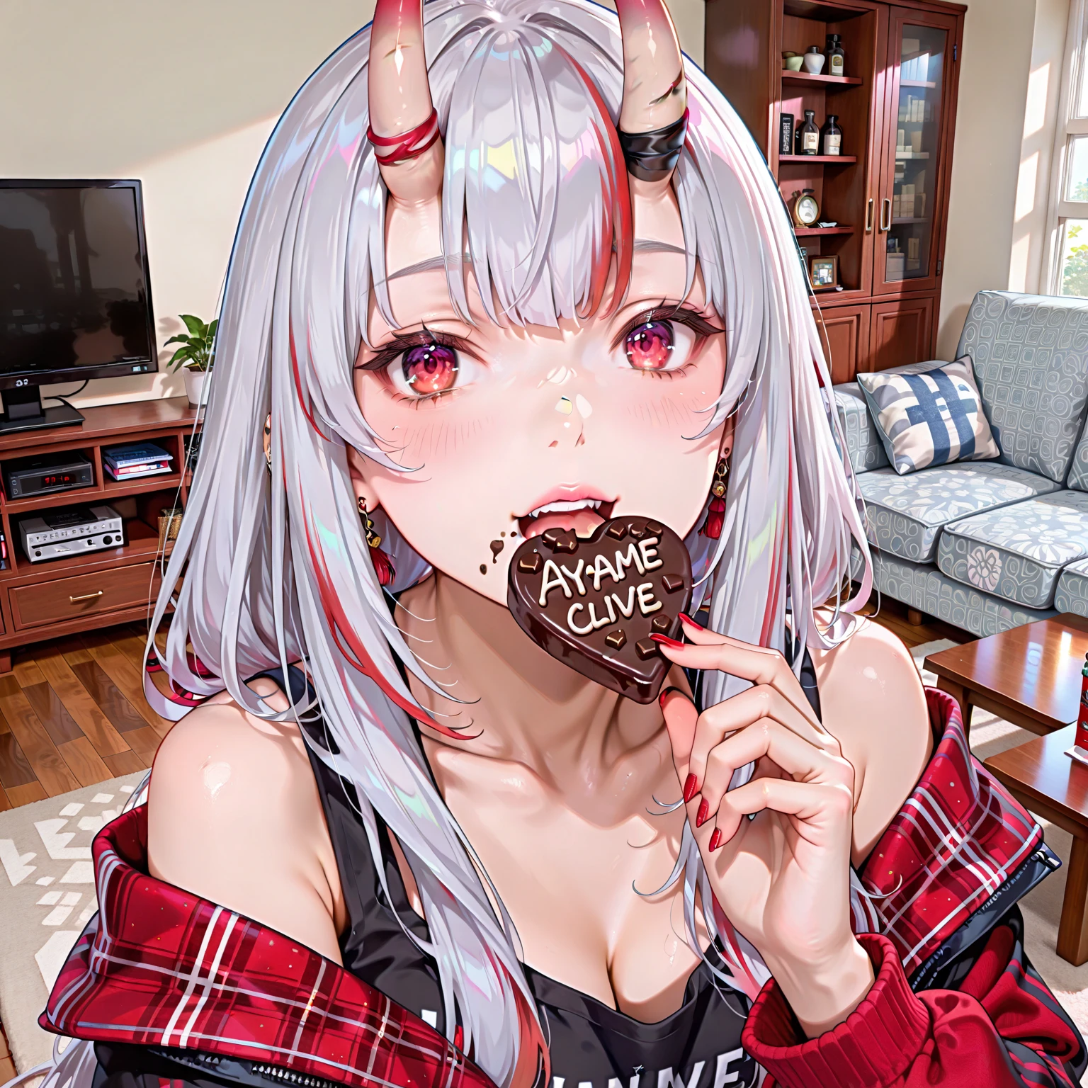 "Nakiri Ayame" is eating chocolate,
living room background,