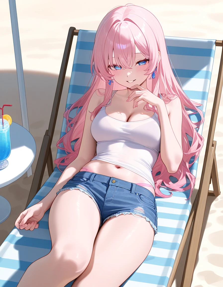 zero two, side tie bikini, medium breast, slim legs, sunny day, Beach, leaning, beautiful eyes, green eyes, nervous