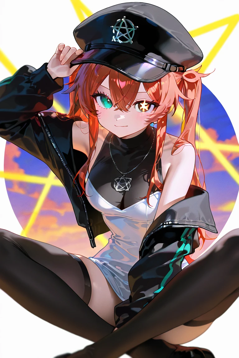 anime girl sitting on ground, 1girl, solo, gyaru, shape eyes, visible small breast, dark-skinned, long hair, straight hair, dark purple hair, short jean, Cross Halter Crop Top,  smile face, sleeveless, sitting, yandere, simple yellow background