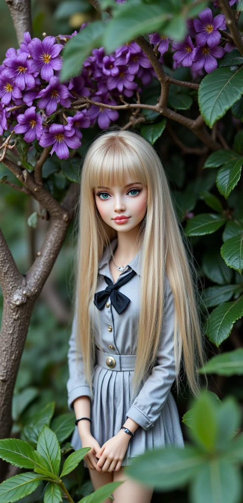 ((best quality)), ((masterpiece)), (detailed), perfect face Blythe doll with brown eyes medium length straight hair with hair parting in the center of the head blonde balayage hair color and white skin Make her more blythe doll  