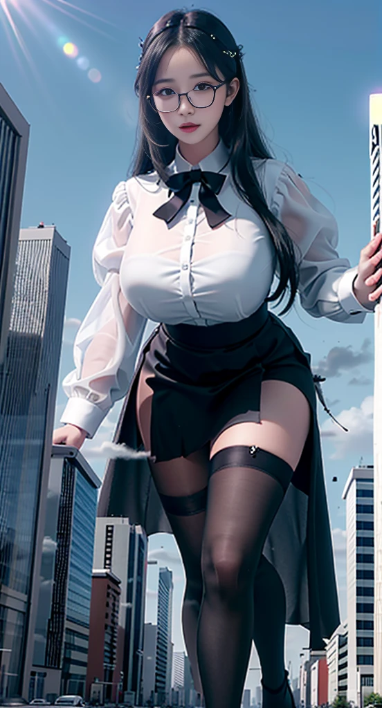 Italian girl, 25 years old, very long loose black hair, super mega gigantic breasts, unbuttoned white shirt, black lace bra, black pleated miniskirt, elegant shoes, slave collar, breasts tied together with ropes, thin, office, hands tied with rope