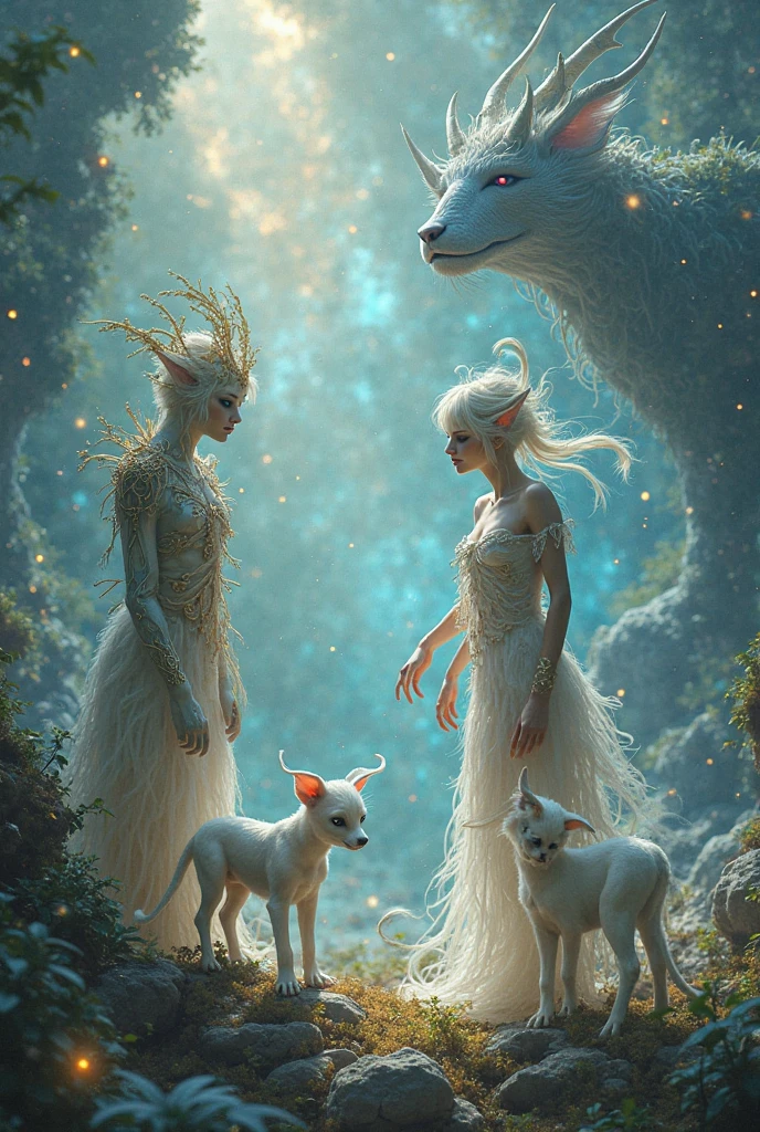 breathtaking masterpiece, best quality, highest quality, highly detailed, exquisite, award winning 8K digital painting of an ethereal and (incredibly beautiful female alien:1.4) with luminescent body parts that shimmer like stardust (lying gracefully on a steep cliff:1.2), casting a watchful gaze over (the galaxy:1.33), (a fluffy creature rests on her shoulder:1.8), intricate details, golden ratio, BaroqueAI, v0id3nergy, by Louis Royo