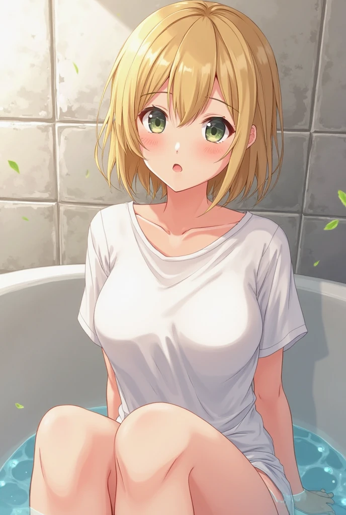 (masterpiece, best quality), 1girl,Chestnut Blonde Short Crop with High Fade, Sizes M to Z breasts, <lora:Milk bath_v1.0_Gtonero:0.8> milk bath
