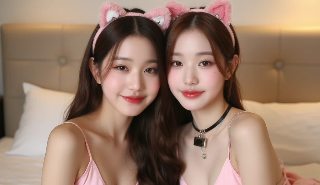(2 girls)Close-up photo of a beautiful Korean woman, Bust size 34 inches, Dressed in Baroque clothing, necklace, standing in the pearl room, UHD ((Busty breasts))blue eyes(((big breasts:1.0)))cat ears skirt