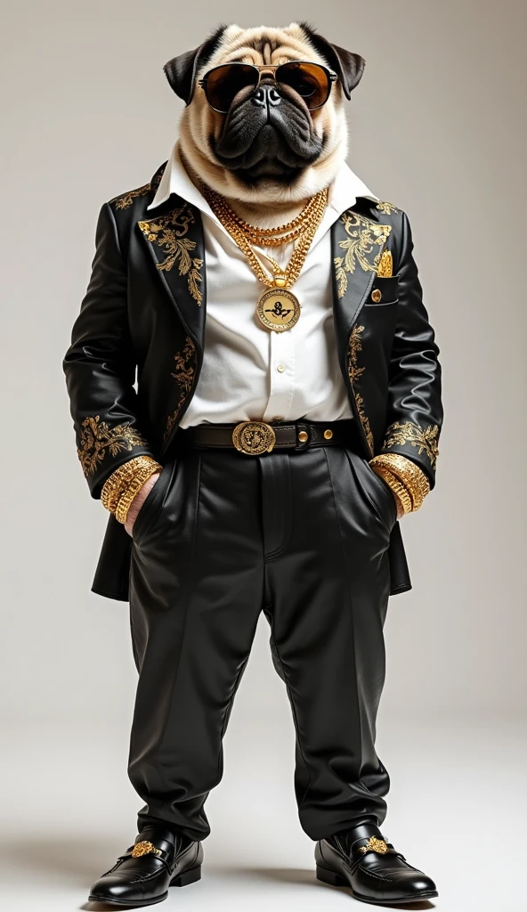A Pug dog standing upright on its hind legs, with a tall, muscular, human-like body shape. Its head retains the distinctive features of a Pug — wrinkled forehead, short snout, big expressive eyes. The dog is dressed in high-end, stylish modern fashion: a tailored designer blazer with gold embroidery, a crisp white shirt partially unbuttoned to reveal layered gold necklaces, and fitted black trousers with a glossy leather finish. On its feet are sleek, polished loafers. It is adorned with numerous gold bracelets, luxury watches on both wrists, chunky rings on its fingers, and a pair of gold-rimmed sunglasses. The entire look showcases wealth, confidence, and luxury, blending street style with elegance.