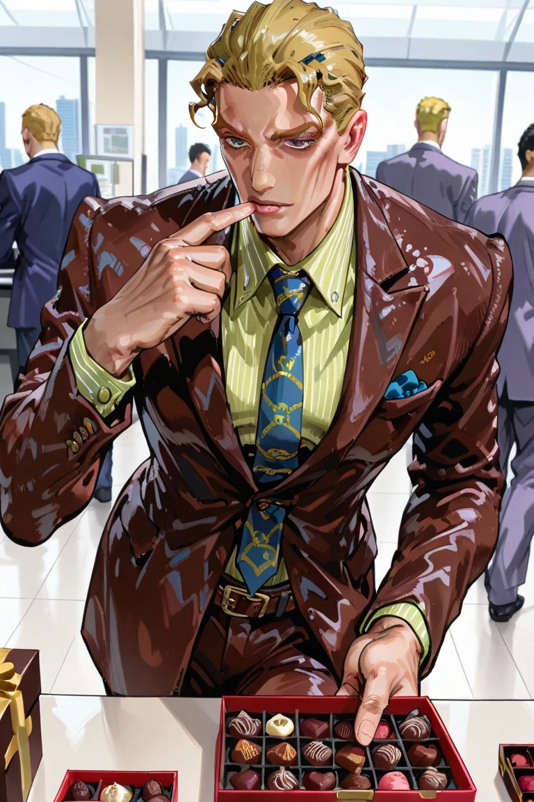 Yoshikage Kira, short hair, blonde hair, cheekbones, suit, collared shirt, tie, belt, pants, poking out a box of chocolates with one hand,office,(solo / solo focus),((1man)),Detonate a chocolate bomb,Detonate the bomb,









